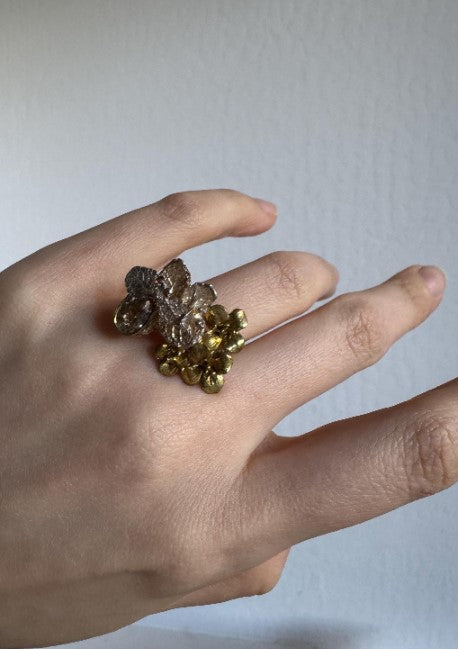 One of a Kind Botanical Cast Ring, Sterling Silver with Gold Vermeil, Aquamarine & Orange Sapphire, Size 9 [CG]