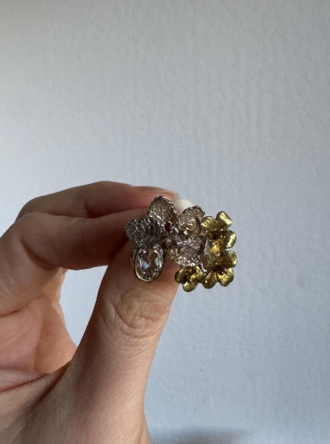 One of a Kind Botanical Cast Ring, Sterling Silver with Gold Vermeil, Aquamarine & Orange Sapphire, Size 9 [CG]