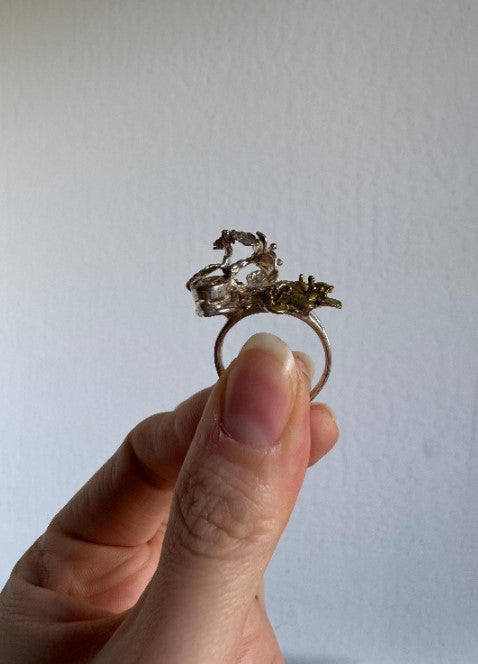 One of a Kind Botanical Cast Ring, Sterling Silver with Gold Vermeil, Aquamarine & Orange Sapphire, Size 9 [CG]