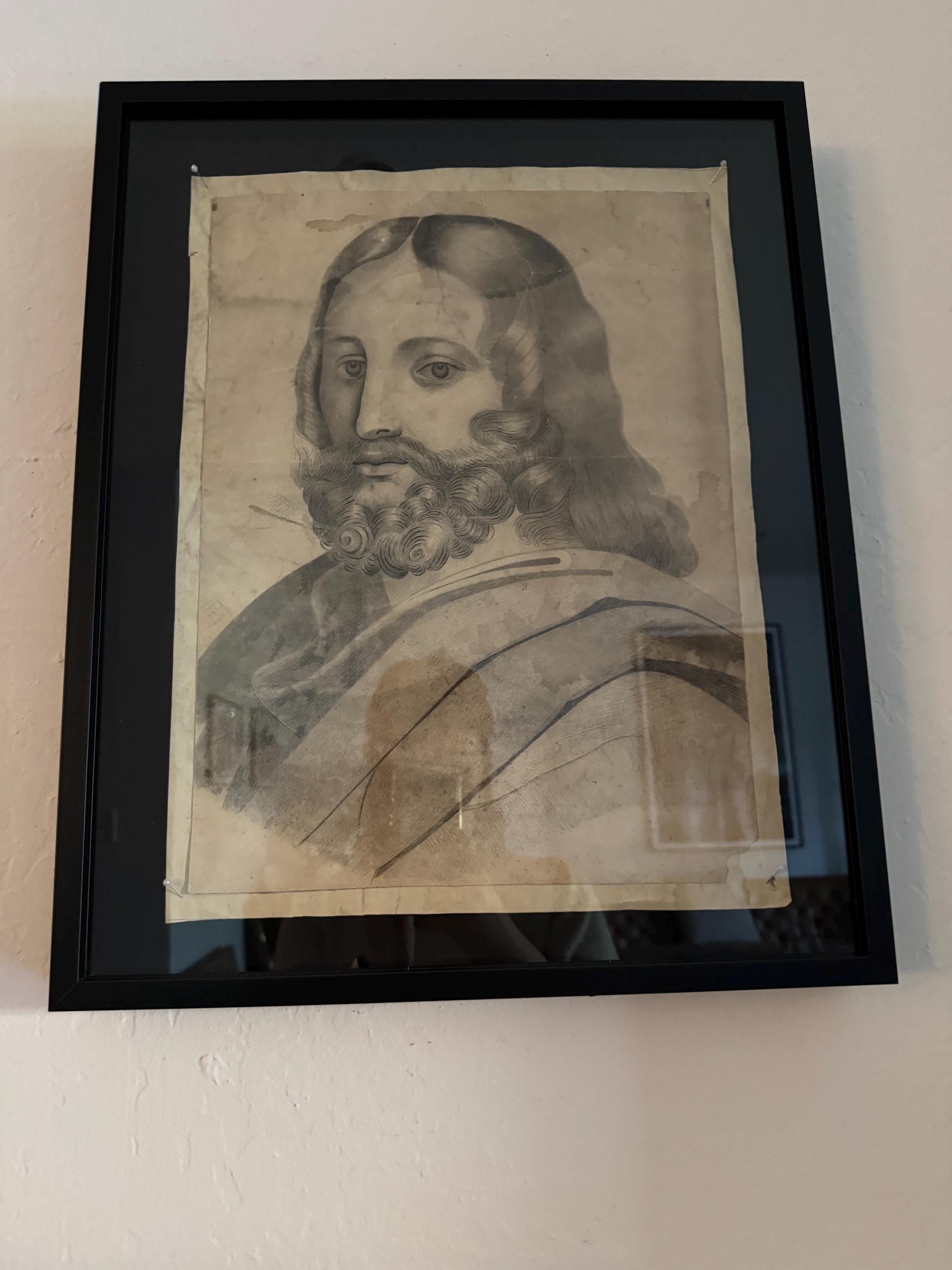 Antique Portrait of Christ – 1700s Ecclesiastical Drawing from Sainte Réparate Cathedral – Framed in 16x20 Shadowbox