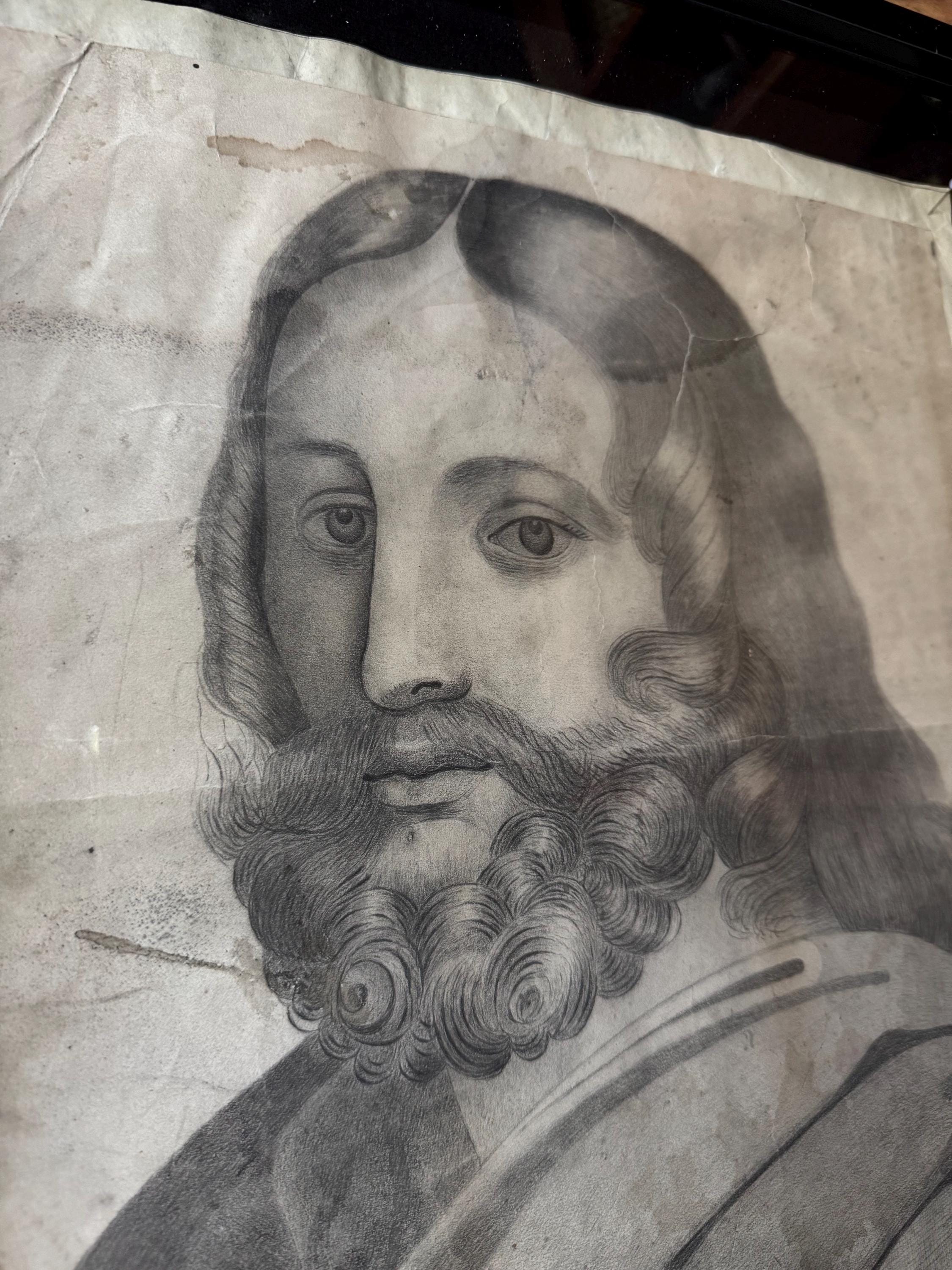 Antique Portrait of Christ – 1700s Ecclesiastical Drawing from Sainte Réparate Cathedral – Framed in 16x20 Shadowbox