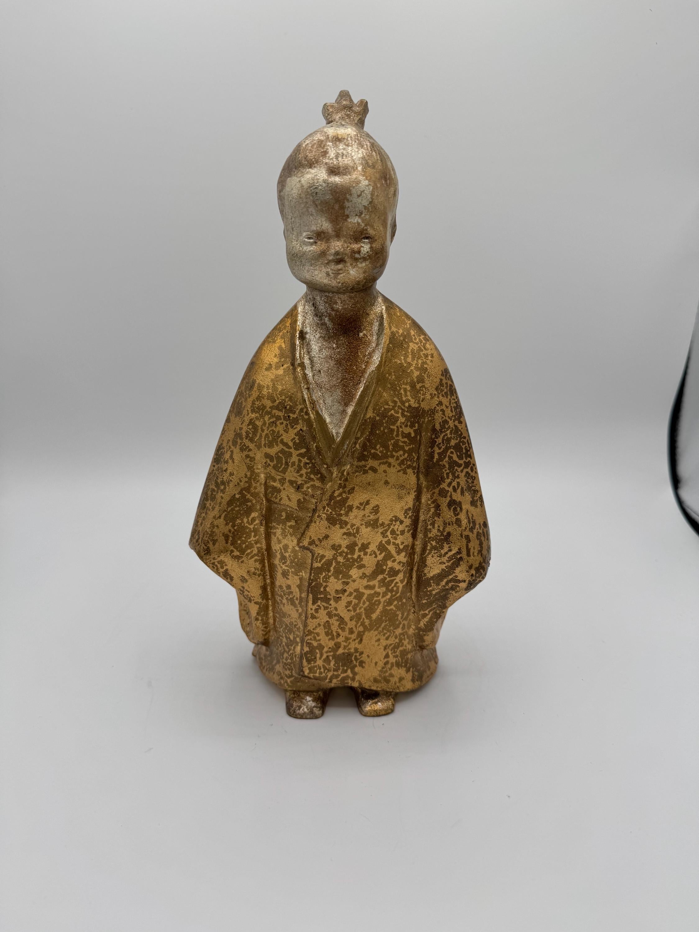 1960s Okimono Figurine Selflessness Child Gilded Cast Iron