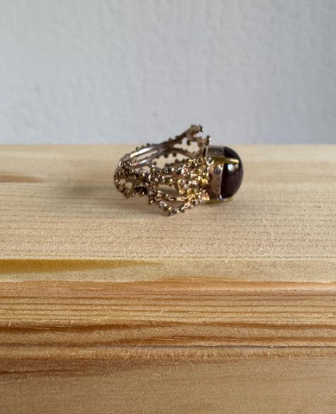 Sand Cast Garnet Statement Ring, Sterling Silver with Gold Vermeil Accents, Size 9 [CG]