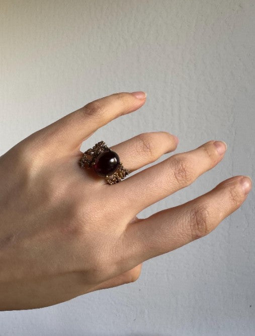 Sand Cast Garnet Statement Ring, Sterling Silver with Gold Vermeil Accents, Size 9 [CG]