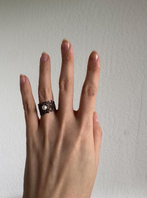 Sterling Silver Sand-Cast Pearl Ring, Size 6.5 [CG]