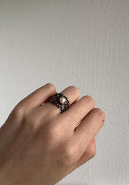 Sterling Silver Sand-Cast Pearl Ring, Size 6.5 [CG]