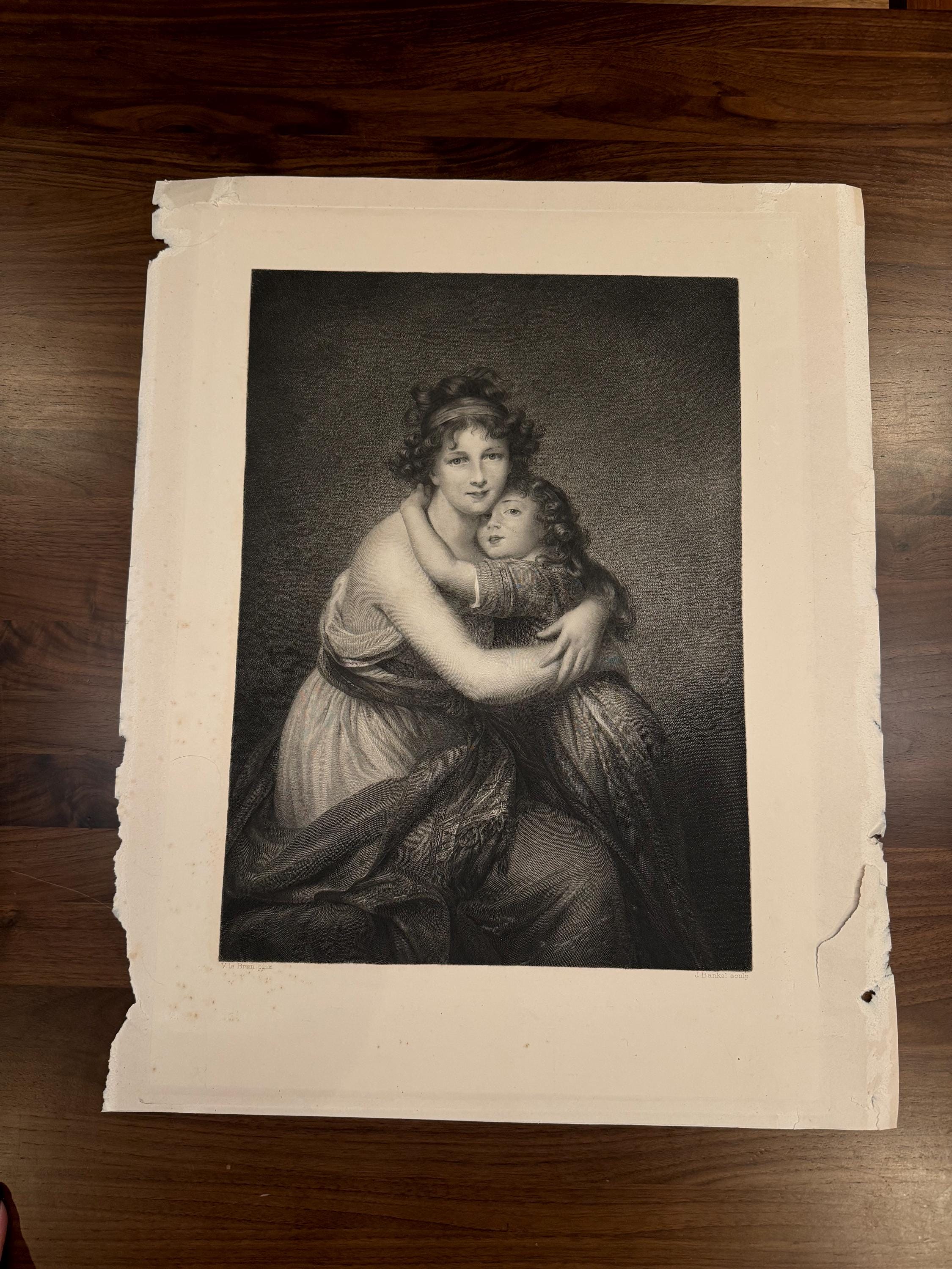 Framed Antique Engraving: “Self-Portrait with her Daughter, Julie” by Élisabeth Louise Vigée Le Brun (1789)