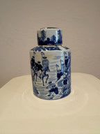 Antique Chinese Blue & White Porcelain Tea Caddy – Warrior Scene, Signed