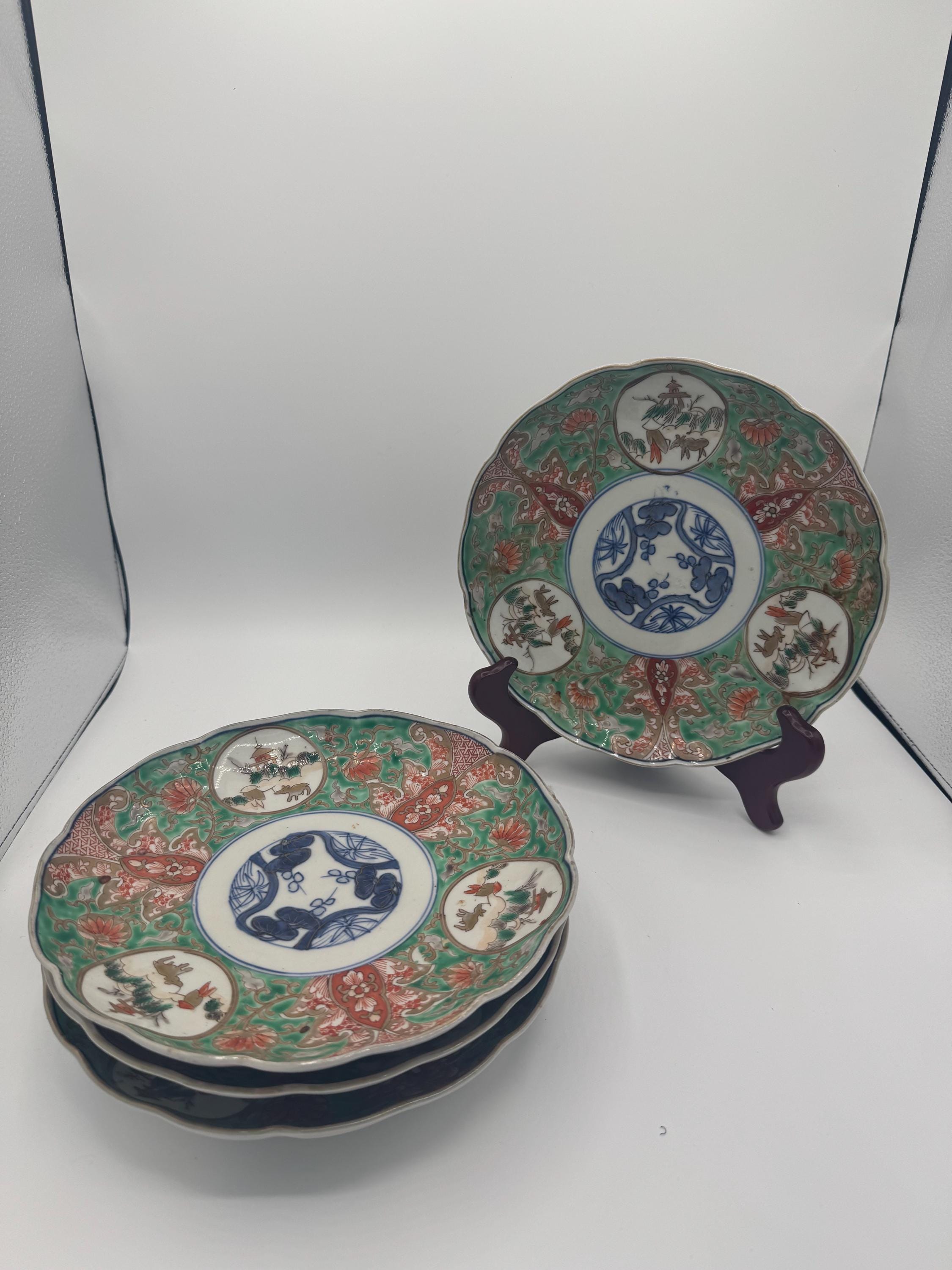 Antique Japanese Imari Porcelain Plate | Green Glaze | Horse & Man Design | c. 1850–1880 [Price PER Plate]