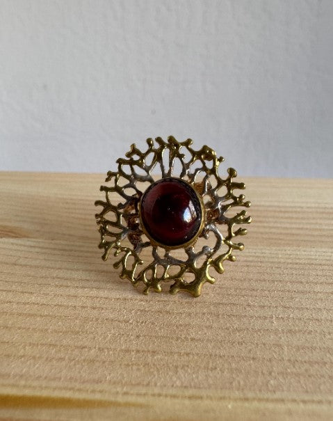Sand Cast Garnet Statement Ring, Sterling Silver with Gold Vermeil, Adjustable – Currently Size 8 [CG]