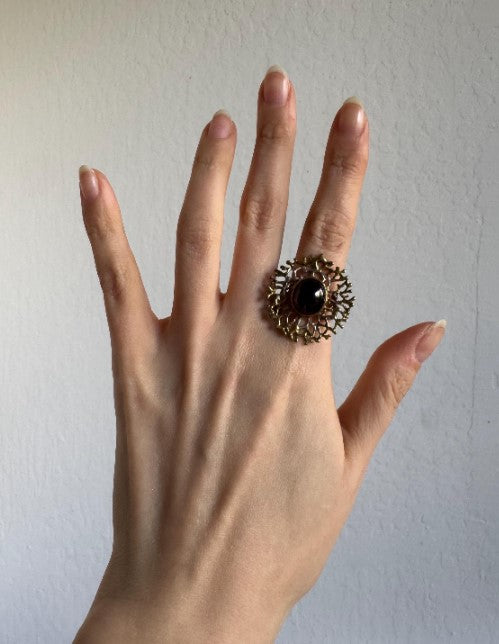 Sand Cast Garnet Statement Ring, Sterling Silver with Gold Vermeil, Adjustable – Currently Size 8 [CG]