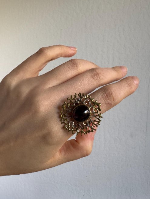 Sand Cast Garnet Statement Ring, Sterling Silver with Gold Vermeil, Adjustable – Currently Size 8 [CG]