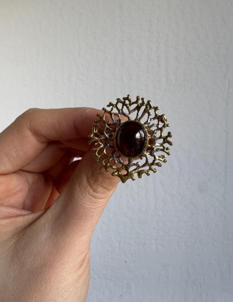 Sand Cast Garnet Statement Ring, Sterling Silver with Gold Vermeil, Adjustable – Currently Size 8 [CG]
