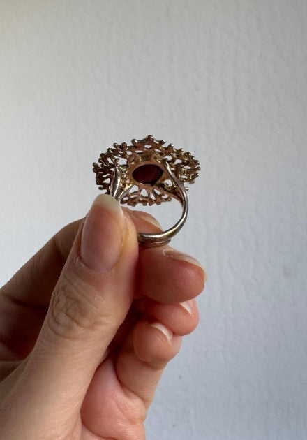 Sand Cast Garnet Statement Ring, Sterling Silver with Gold Vermeil, Adjustable – Currently Size 8 [CG]