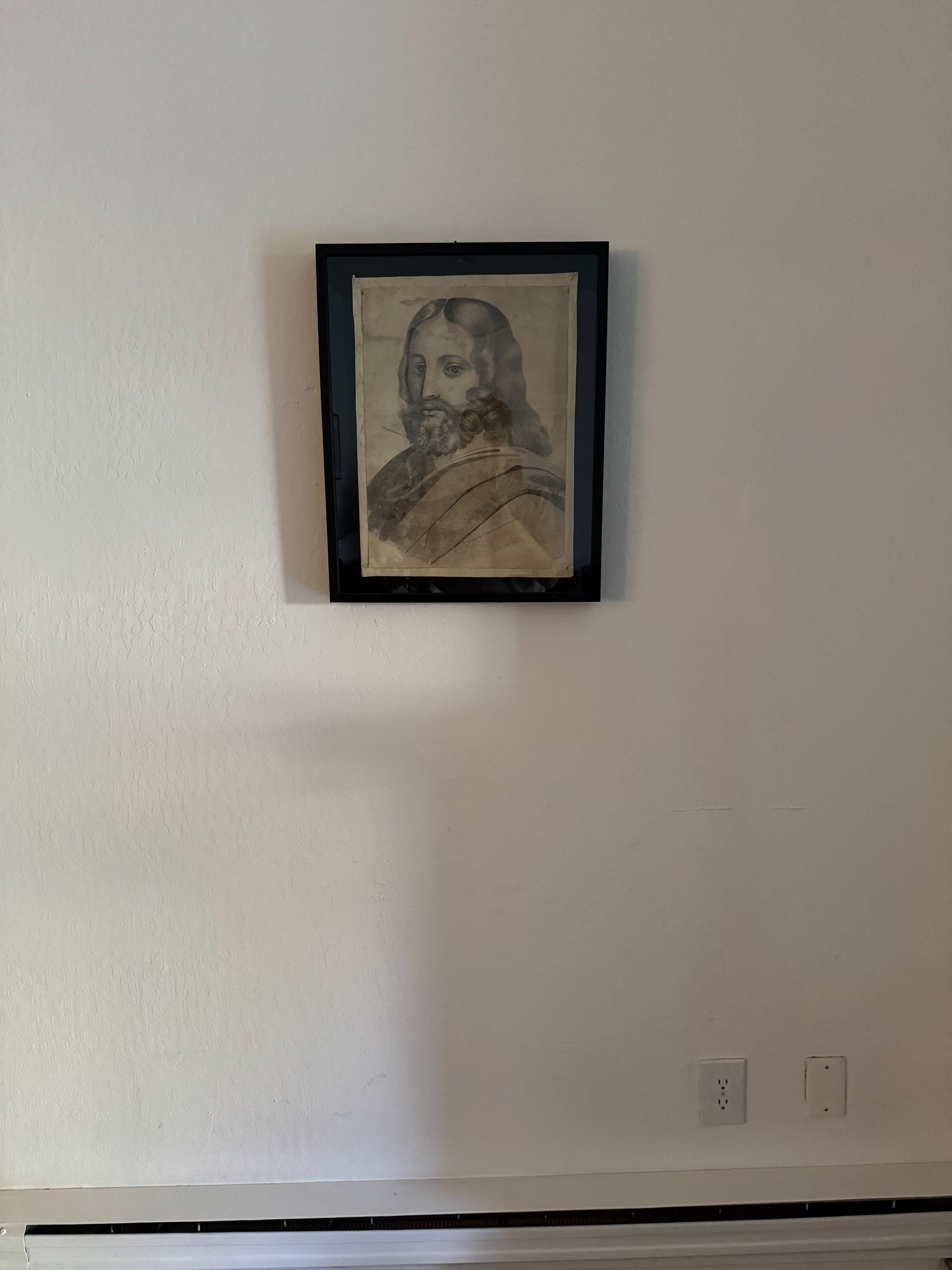 Antique Portrait of Christ – 1700s Ecclesiastical Drawing from Sainte Réparate Cathedral – Framed in 16x20 Shadowbox