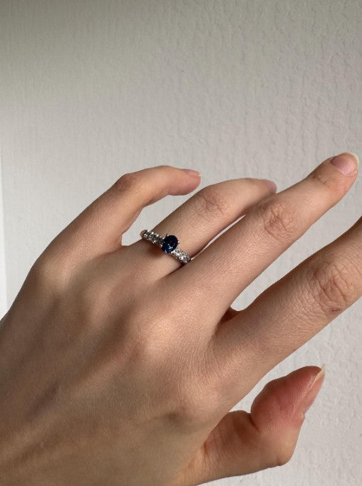 Natural Sapphire & Cubic Zirconia Ring, Sterling Silver, Size 6 [CG]