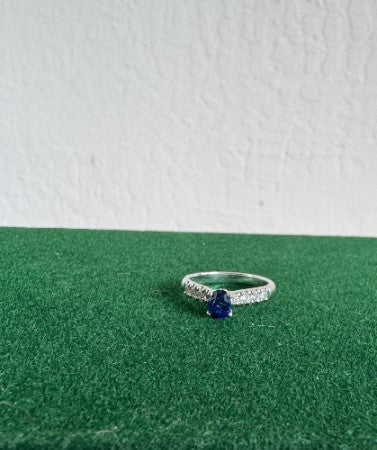 Natural Sapphire & Cubic Zirconia Ring, Sterling Silver, Size 6 [CG]