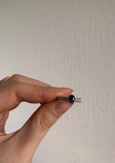 Natural Sapphire & Cubic Zirconia Ring, Sterling Silver, Size 6 [CG]