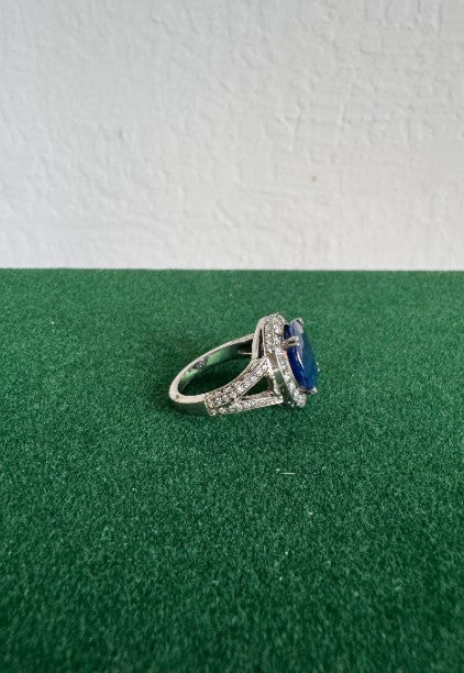 Natural Sapphire & Cubic Zirconia Halo Ring, Sterling Silver, Size 6 1/2 [CG]