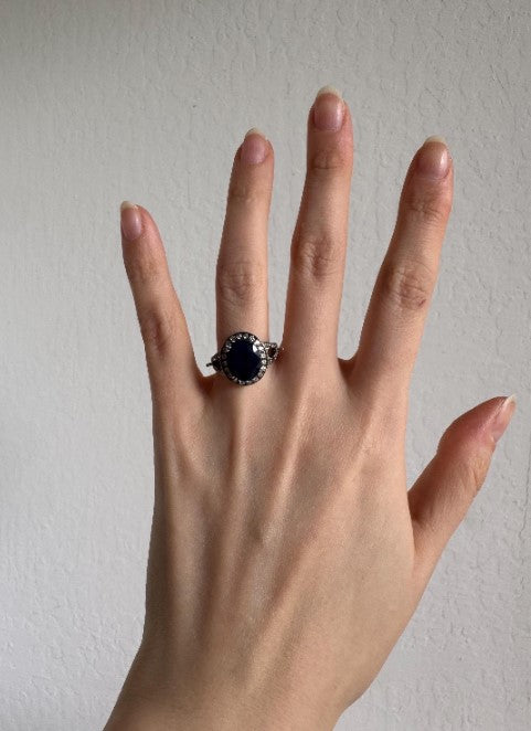 Natural Sapphire & Cubic Zirconia Halo Ring, Sterling Silver, Size 6 1/2 [CG]