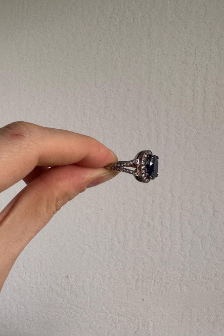 Natural Sapphire & Cubic Zirconia Halo Ring, Sterling Silver, Size 6 1/2 [CG]