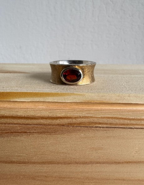 Sterling Silver & Gold Vermeil Garnet Ring, Men’s Statement Ring, Size 8 [CG]