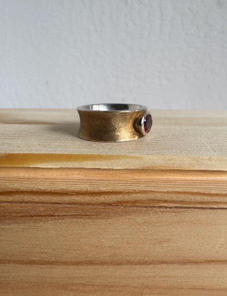 Sterling Silver & Gold Vermeil Garnet Ring, Men’s Statement Ring, Size 8 [CG]