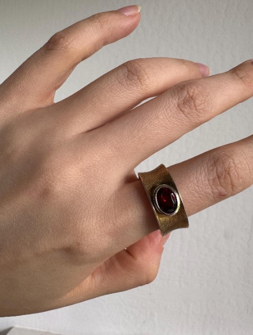 Sterling Silver & Gold Vermeil Garnet Ring, Men’s Statement Ring, Size 8 [CG]