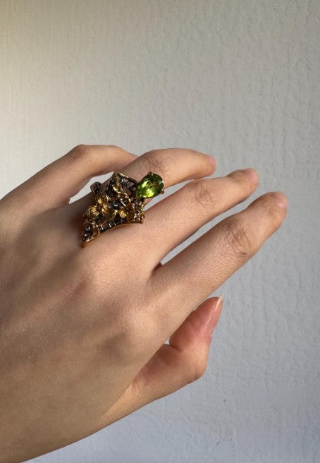One of a Kind Botanical Cast Peridot & Orange Sapphire Ring, Sterling Silver with Gold Plate ,Black Rhodium Finish, size 6 adjustable [CG]