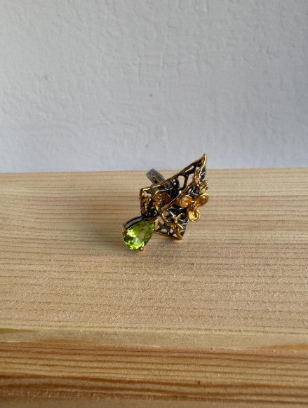 One of a Kind Botanical Cast Peridot & Orange Sapphire Ring, Sterling Silver with Gold Plate ,Black Rhodium Finish, size 6 adjustable [CG]
