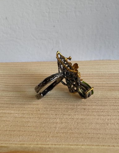 One of a Kind Botanical Cast Peridot & Orange Sapphire Ring, Sterling Silver with Gold Plate ,Black Rhodium Finish, size 6 adjustable [CG]