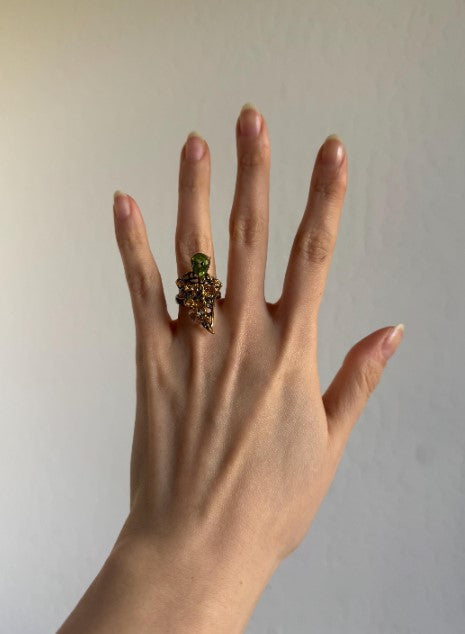 One of a Kind Botanical Cast Peridot & Orange Sapphire Ring, Sterling Silver with Gold Plate ,Black Rhodium Finish, size 6 adjustable [CG]