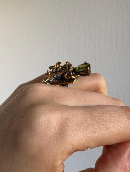 One of a Kind Botanical Cast Peridot & Orange Sapphire Ring, Sterling Silver with Gold Plate ,Black Rhodium Finish, size 6 adjustable [CG]