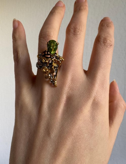 One of a Kind Botanical Cast Peridot & Orange Sapphire Ring, Sterling Silver with Gold Plate ,Black Rhodium Finish, size 6 adjustable [CG]