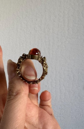Botanical Cast Amber Ring, Sterling Silver with Gold Vermeil, Size 9 [CG]