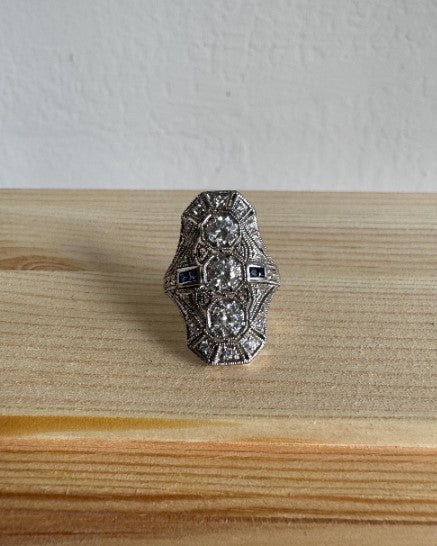 Art Deco Style Sterling Silver Ring, Lab-Grown Sapphire & Natural Zircon, Size 6 [CG]