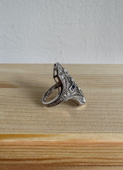 Art Deco Style Sterling Silver Ring, Lab-Grown Sapphire & Natural Zircon, Size 6 [CG]