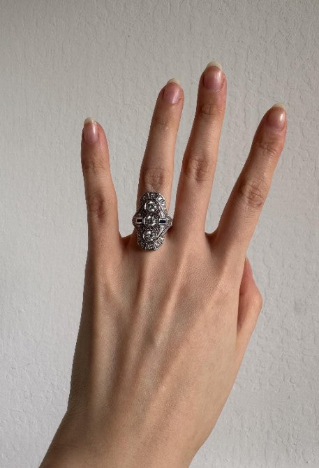 Art Deco Style Sterling Silver Ring, Lab-Grown Sapphire & Natural Zircon, Size 6 [CG]