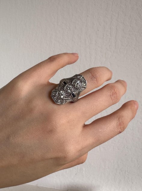 Art Deco Style Sterling Silver Ring, Lab-Grown Sapphire & Natural Zircon, Size 6 [CG]