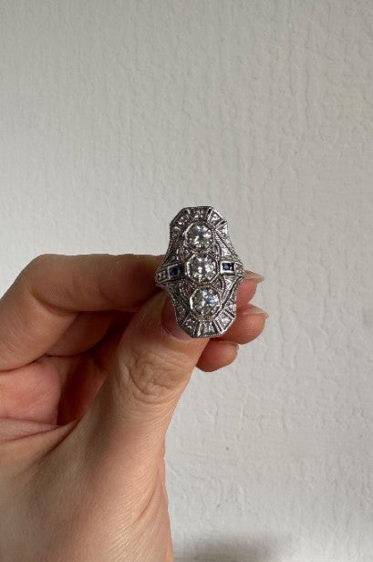 Art Deco Style Sterling Silver Ring, Lab-Grown Sapphire & Natural Zircon, Size 6 [CG]