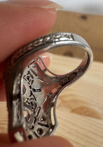 Art Deco Style Sterling Silver Ring, Lab-Grown Sapphire & Natural Zircon, Size 6 [CG]