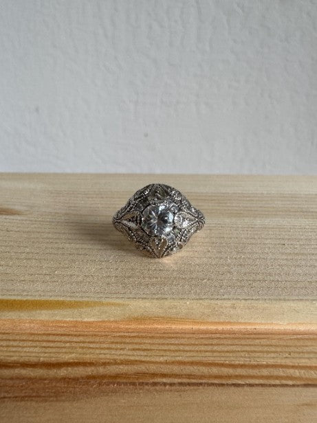 Natural Zircon Vintage-Inspired Ring, Sterling Silver with Cubic Zirconia Accents, Size 6 [CG]