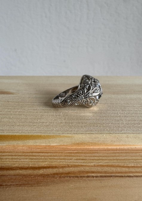 Natural Zircon Vintage-Inspired Ring, Sterling Silver with Cubic Zirconia Accents, Size 6 [CG]