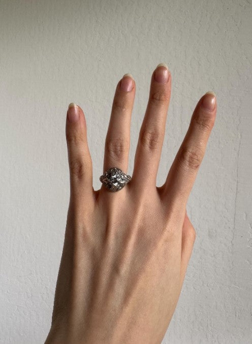 Natural Zircon Vintage-Inspired Ring, Sterling Silver with Cubic Zirconia Accents, Size 6 [CG]