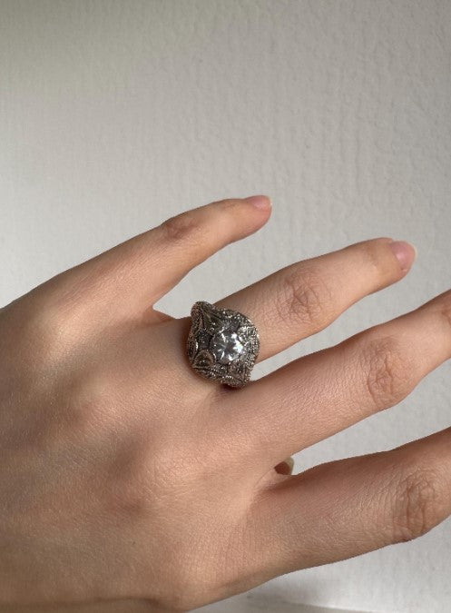 Natural Zircon Vintage-Inspired Ring, Sterling Silver with Cubic Zirconia Accents, Size 6 [CG]