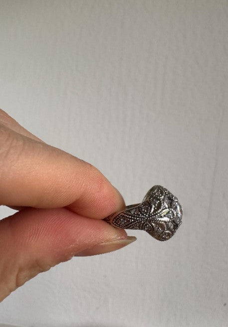 Natural Zircon Vintage-Inspired Ring, Sterling Silver with Cubic Zirconia Accents, Size 6 [CG]