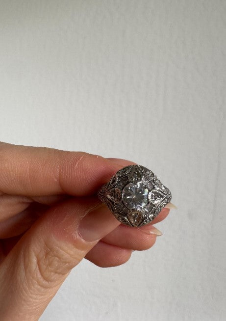 Natural Zircon Vintage-Inspired Ring, Sterling Silver with Cubic Zirconia Accents, Size 6 [CG]