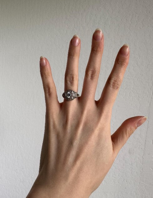 Natural Zircon Vintage-Inspired Ring, Sterling Silver with Cubic Zirconia Accents, Size 6 [CG]